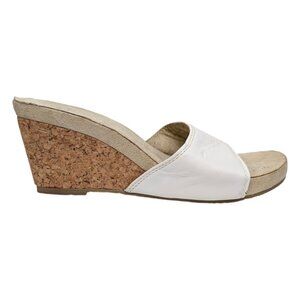 Skechers Cork Wedge Sandals Womens White Leather Slip On Open Toe Size 10